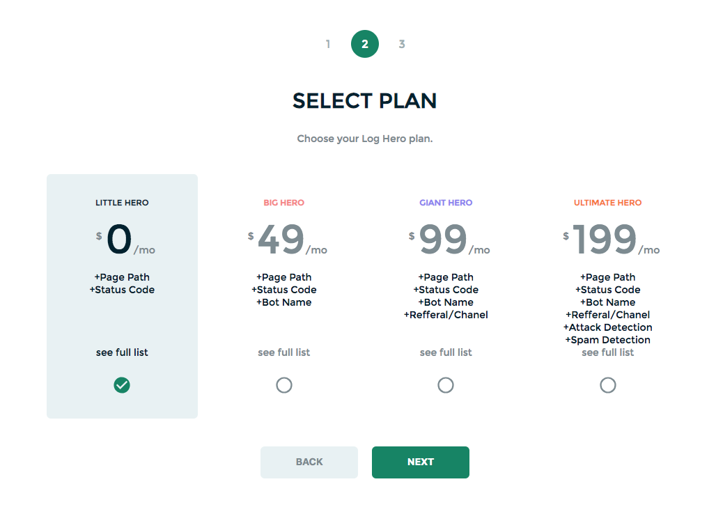 selecting a plan at log hero